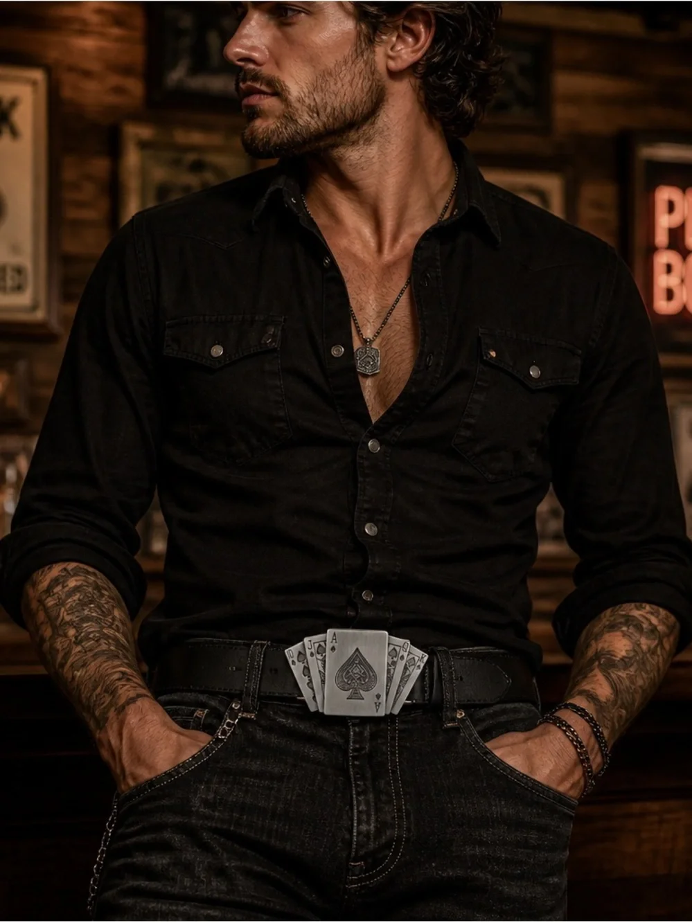 Men's Black Leather Belt with Spade Playing Card Buckle